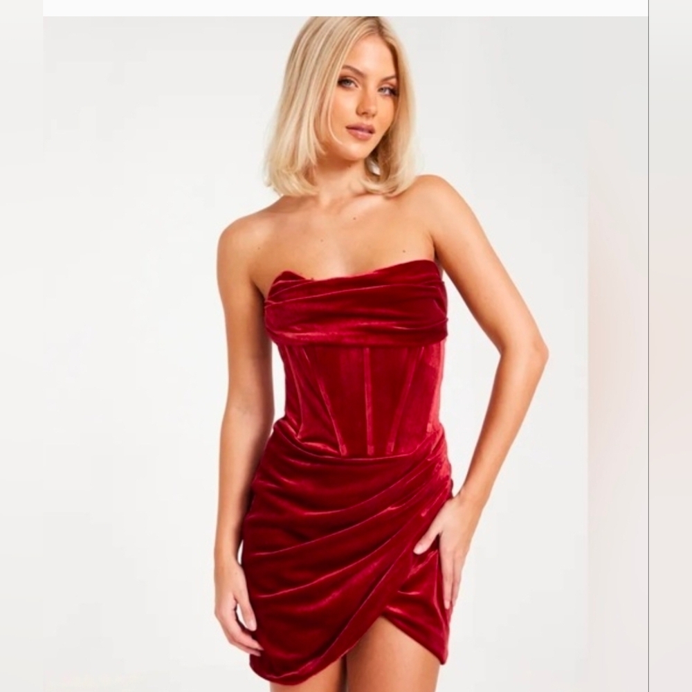 Bardot Claudette Mini Dress Maroon Velvet Draped Strapless Red Size M US 6
